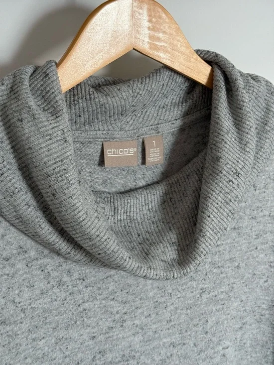 Chico’s Grey Heathered Cowl Neck Crossover Hem Long Sleeve Sweater Size 1 - Picture 6 of 12